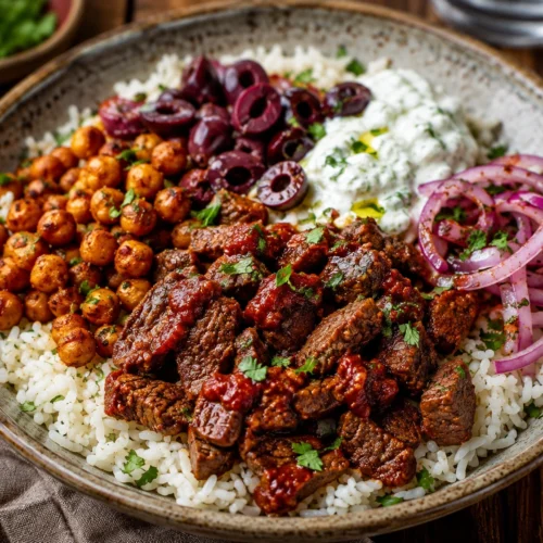Rice Bowls with Harissa Beef, Chickpeas, and Olives