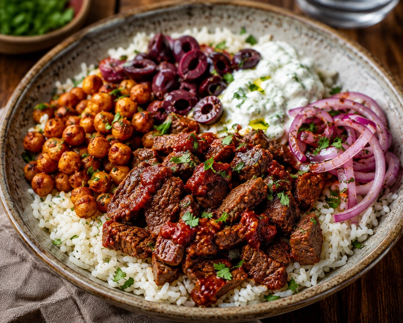 Rice Bowls with Harissa Beef, Chickpeas, and Olives: Easy Recipe