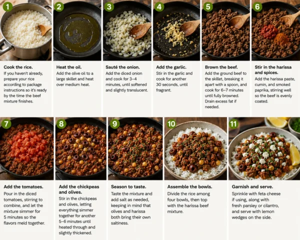 Rice Bowls with Harissa Beef, Chickpeas, and Olives